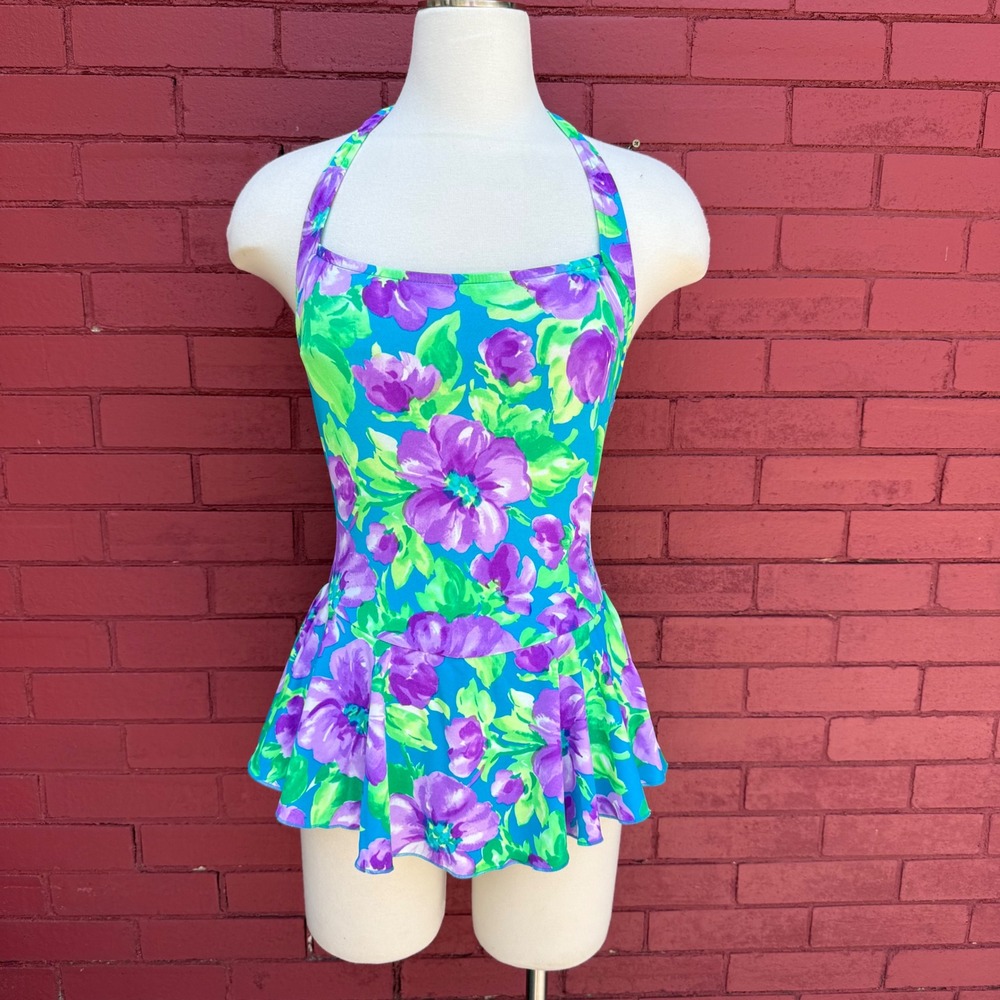 Vtg Pacific Connections Swimsuit Size 8 Floral Neon Skirted Halter One Piece